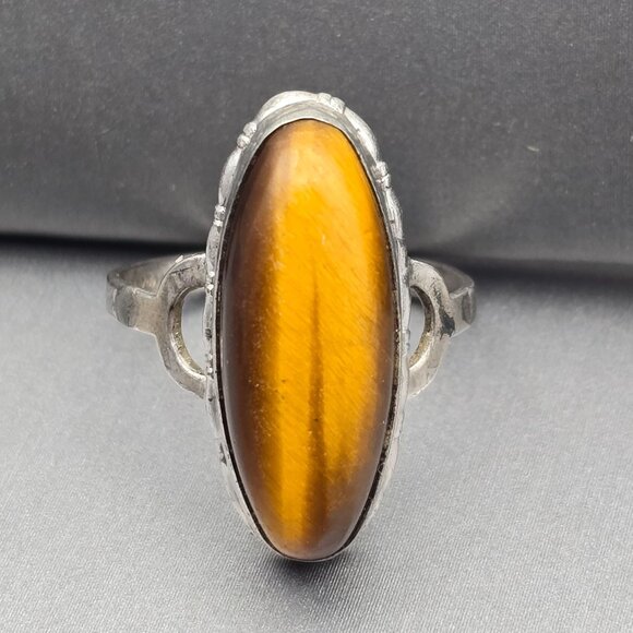 VTG 10k GF Sterling Silver Tigers Eye Ring Size 7.5 Split Shank Signed OR - Picture 2 of 13